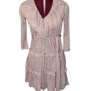 Short Baby Doll soft sheer Fringe V Neck Ruffle layers Bohemian stretchy dress